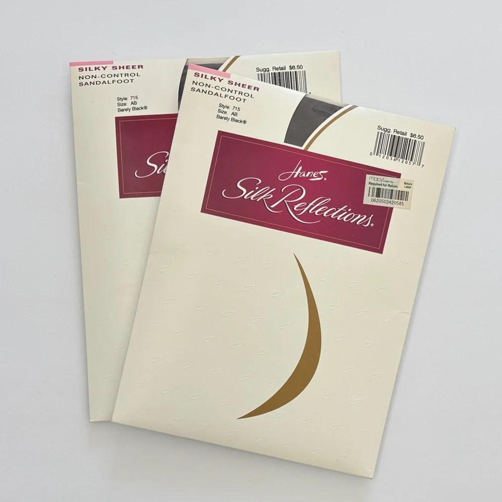 Vintage Lot 2 Hanes Silk Reflections NC Pantyhose Sandalfoot AB Barely Black 715